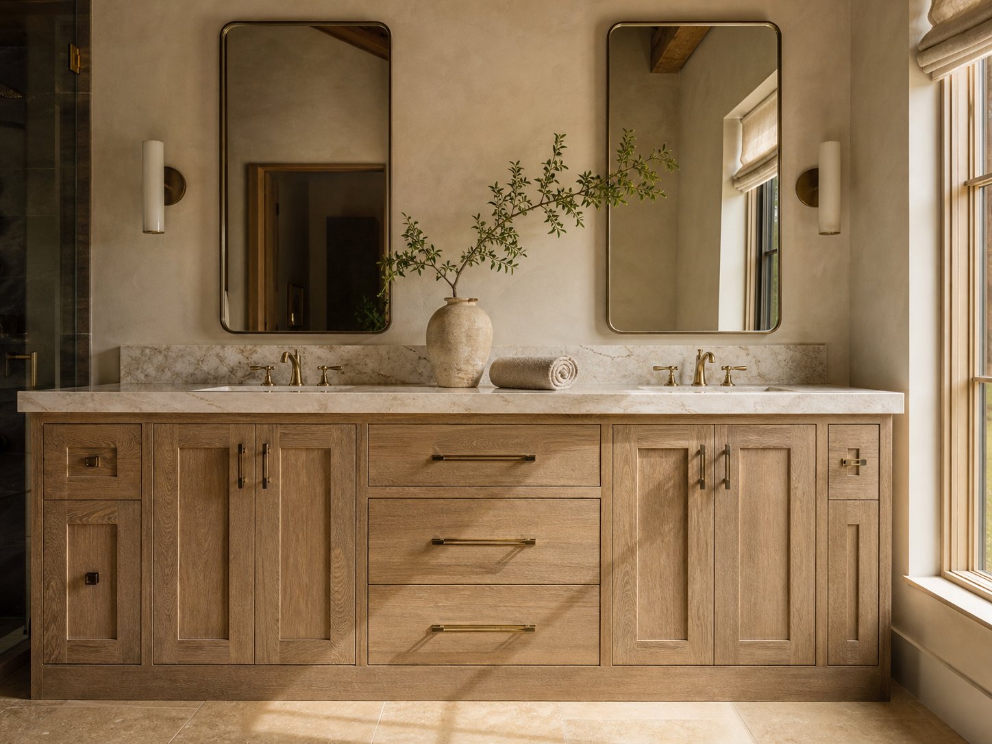A natural oak double bathroom vanity with shaker doors, a bank of drawers, and brass pulls