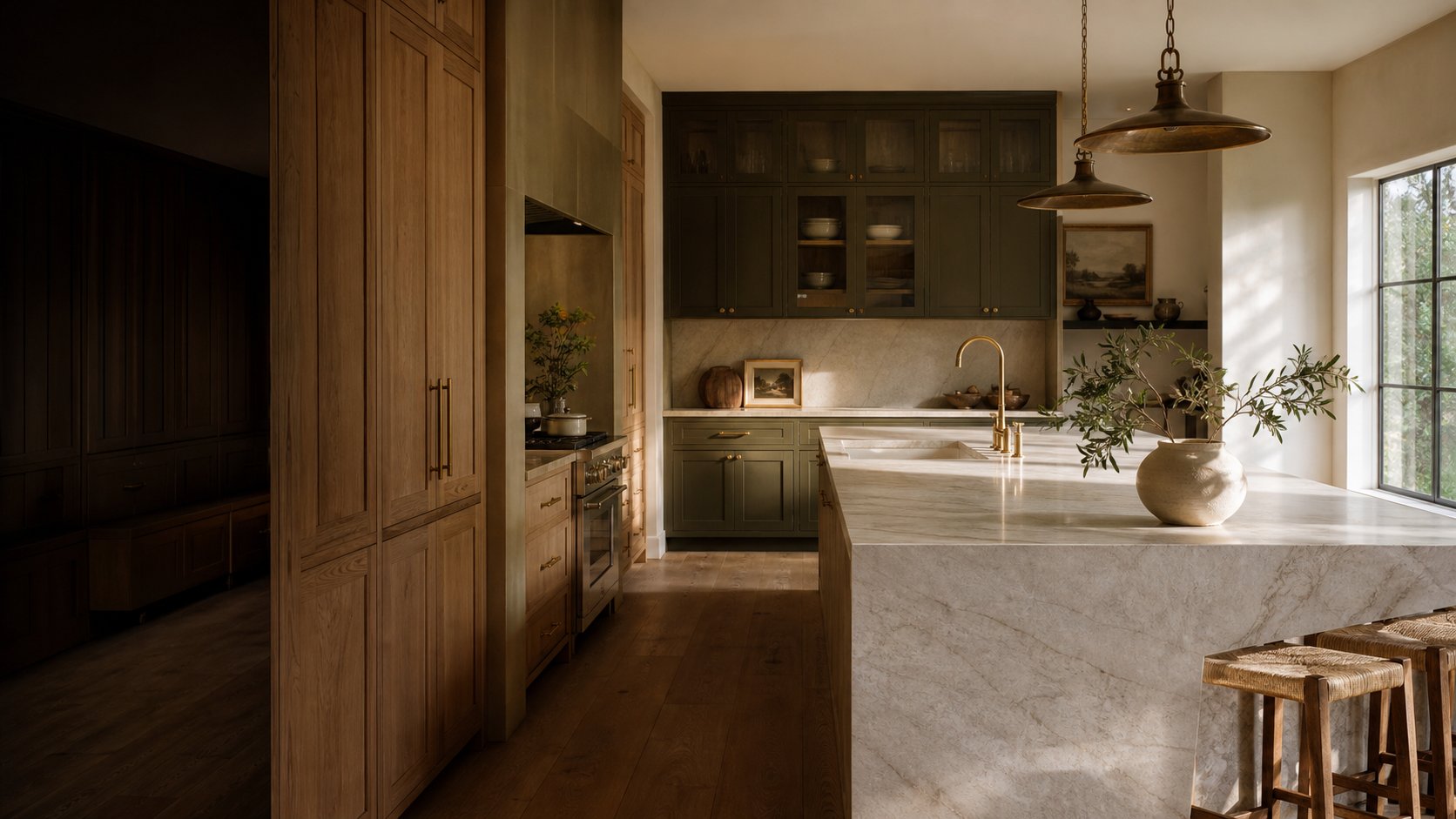 A kitchen with tall natural oak cabinets, olive-green painted cabinets with glass-front uppers, and a long island with stools