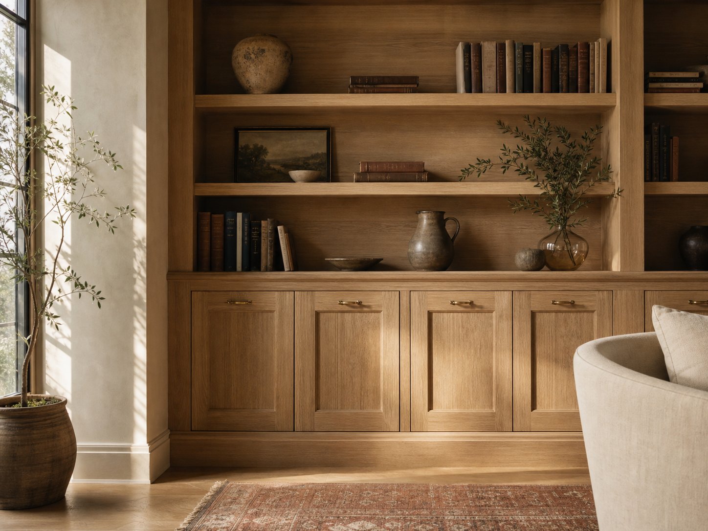 Built-in natural oak bookshelves above a run of shaker base cabinets with brass pulls